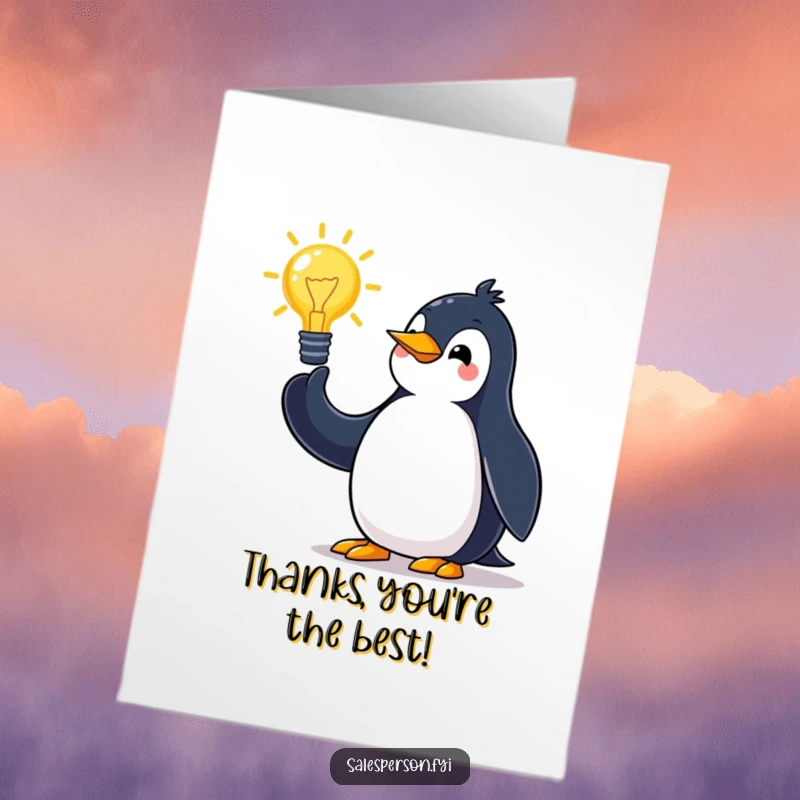 Funny free printable thank you card: A happy penguin presents a proposal of thanks with enthusiastic arm gestures.