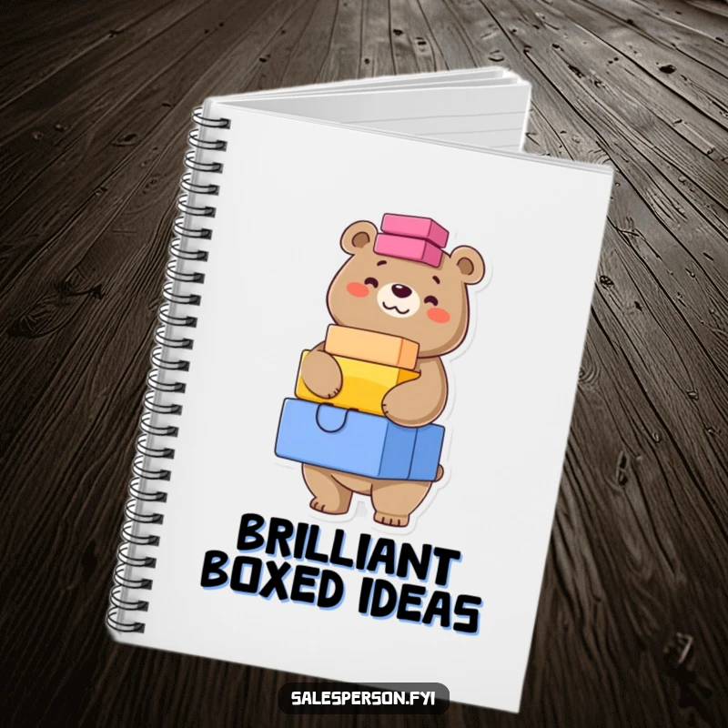 Funny notebook cover with a confident bear grinning while balancing colorful boxes, ideal for organized note-taking.