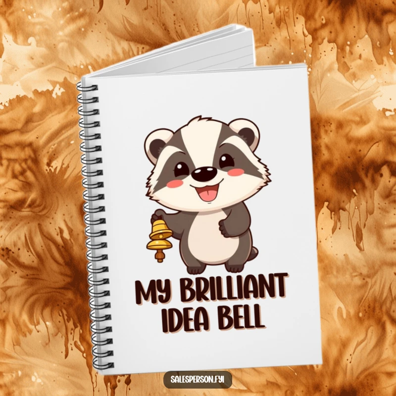 Funny notebook with a cheerful badger ringing a bell, its grinning face conveying a humorous need for attention.