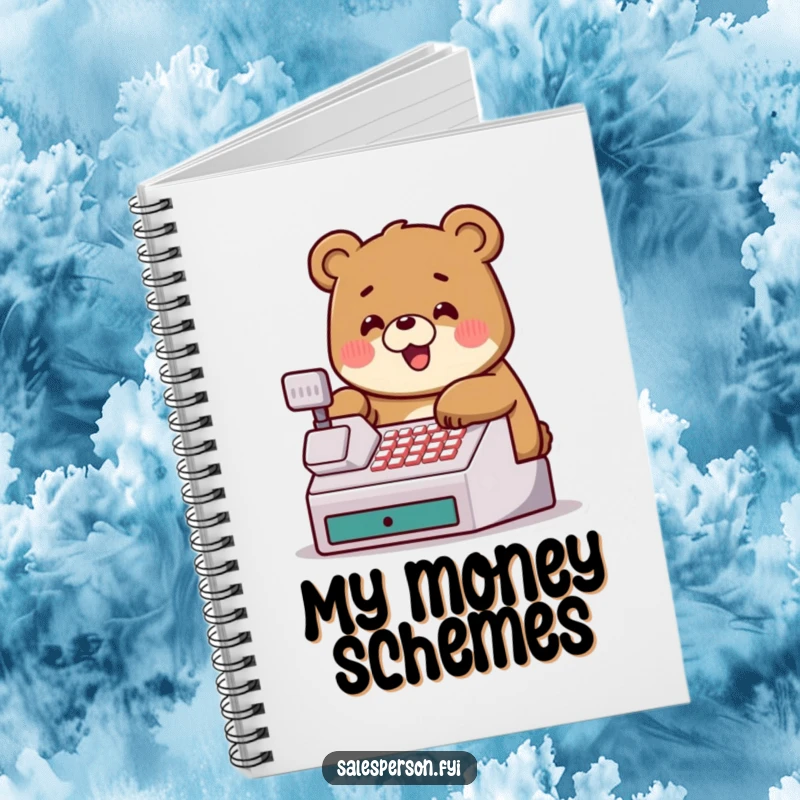 Funny notebook with a jovial bear tapping a cash register, ideal for financial notes and humor.