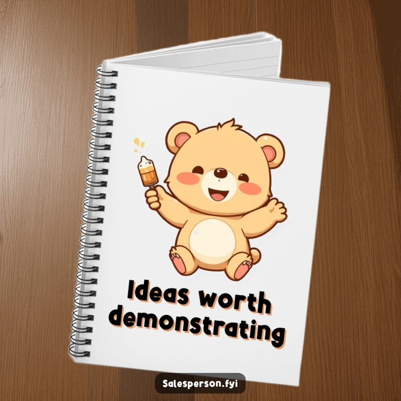 Funny notebook featuring an enthusiastic bear cub demonstrating a product with a flourish, designed for capturing brilliant ideas humorously.