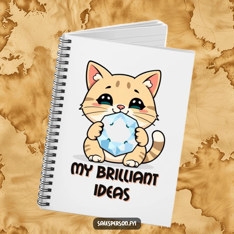 Funny cat gem notebook with a cheerful cat holding a giant sparkly gem, ideal for journaling bright ideas.