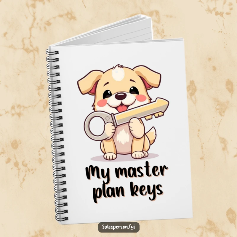 Funny Dog Notebook: A beaming dog proudly holds a shiny house key, perfect for noting down new home plans and ideas.