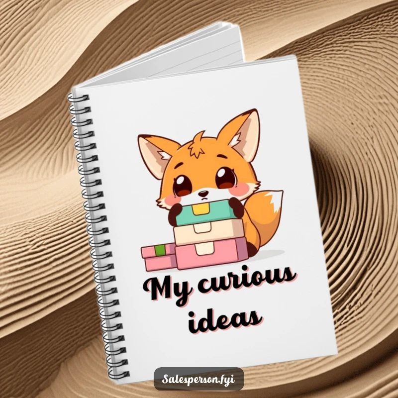 Funny fox notebook with a surprised fox wide-eyed at a stack of colorful boxes. Perfect for jotting down ideas and observations.