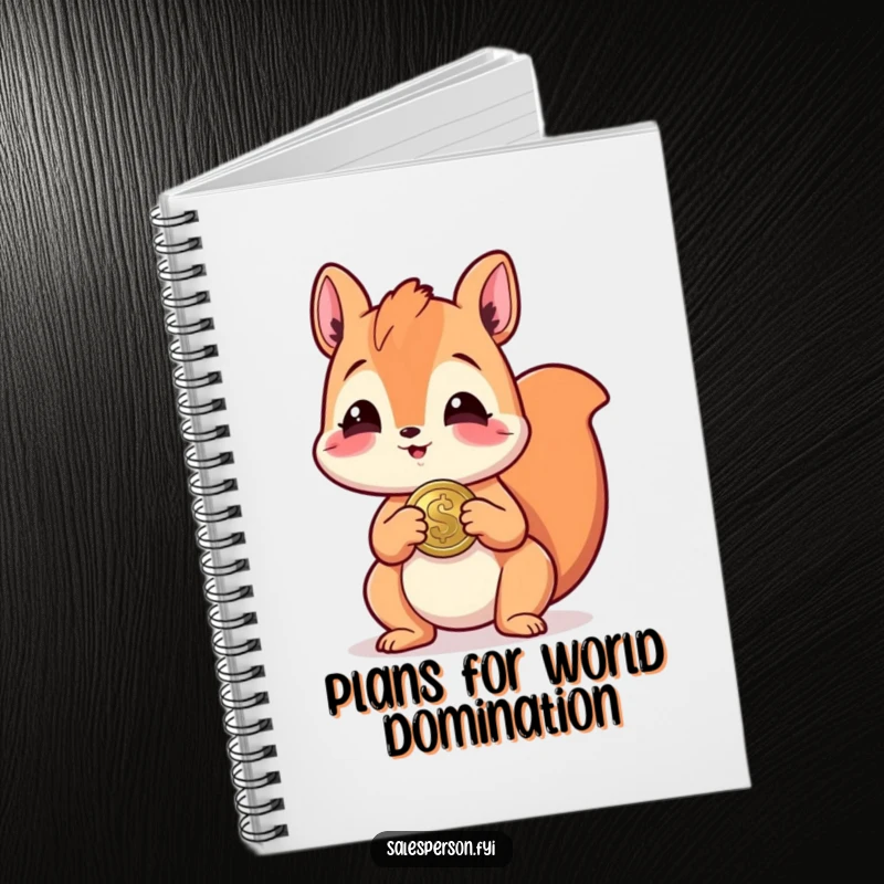 Funny notebook with a giggling squirrel presenting a shiny coin, ideal for journaling or note-taking with a touch of humor.