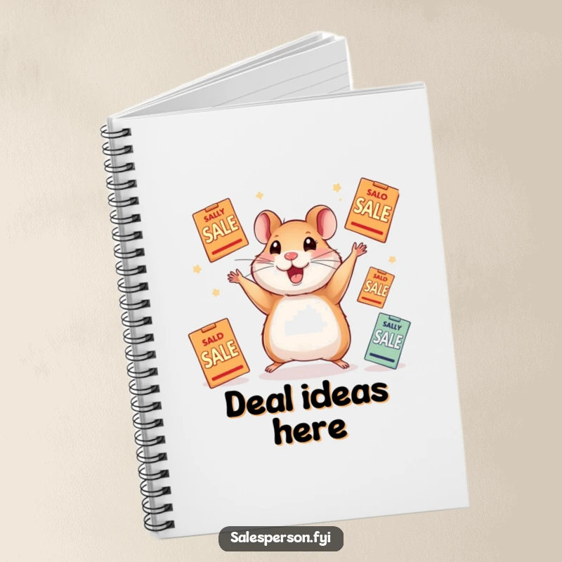 Funny notebook cover with a hyperactive hamster skillfully juggling numerous sale flyers, symbolizing organization and excitement.