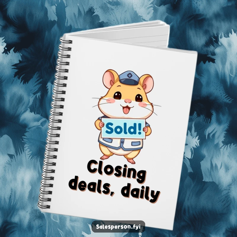 Funny notebook with an energetic hamster in uniform holding a 'Sold!' sign, perfect for brainstorming sales techniques.