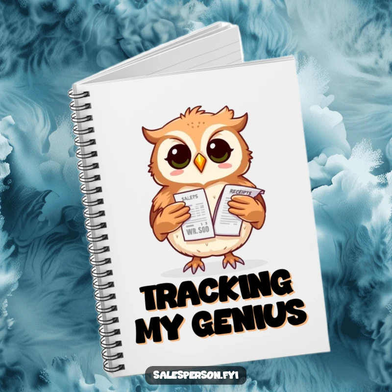 Funny owl notebook with a proud bird balancing a stack of sales receipts, perfect for tracking expenses.