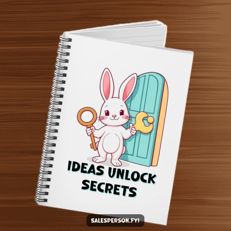 Funny notebook with a rabbit holding a giant key and pointing to a door, ideal for brainstorming and writing, a practical funny gift.