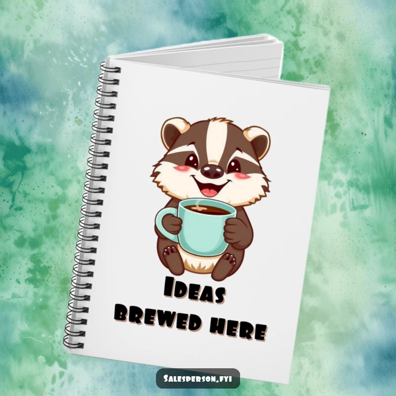 Funny notebook cover with a jovial badger offering coffee and a welcoming smile, ideal for jotting down warm thoughts.