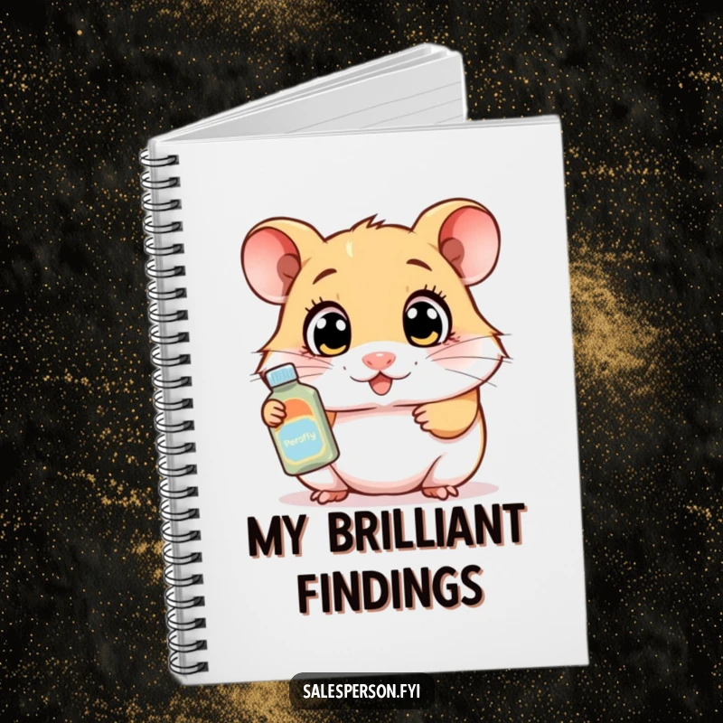 Funny notebook featuring a curious hamster demonstrating a product with wide eyes, perfect for jotting down notes and ideas.