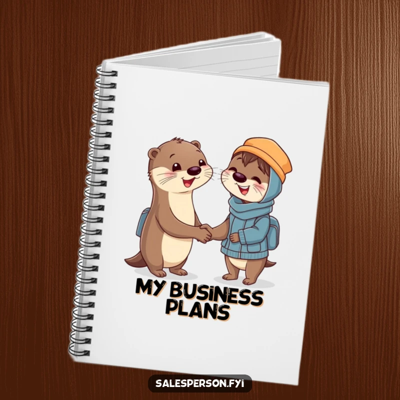 Funny Notebook cover featuring a smiling otter shaking hands with a delighted customer, ideal for capturing business thoughts with humor.