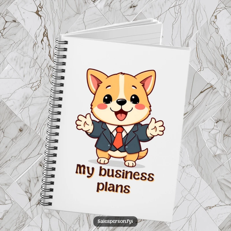 Funny dog business notebook with a cute dog in a suit shaking hands, ideal for taking notes and planning.