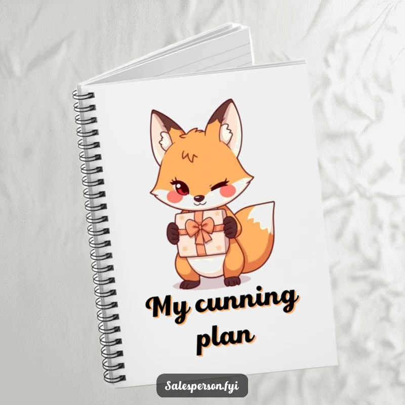 Funny sly fox notebook cover, showing a playful wink and a gift box, designed for humorous note-taking.