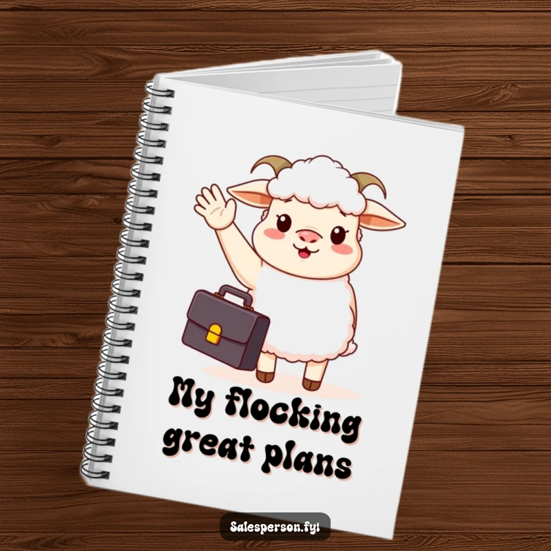Funny notebook with a sheep in a suit, briefcase, and waving hello, perfect for jotting down plans and goals.