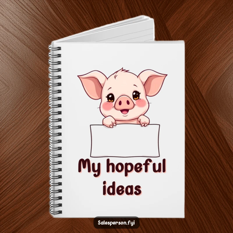 Funny Notebook cover featuring a curious piglet pointing towards a banner with a hopeful expression, ideal for capturing thoughts with optimism.