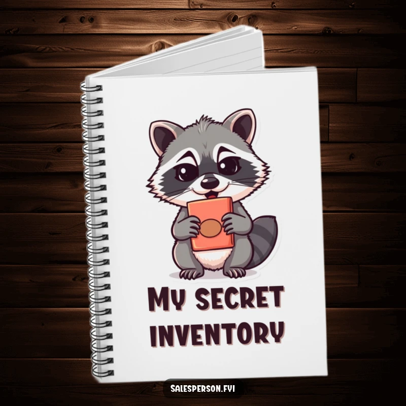 Funny raccoon with a sly grin on a notebook cover, ready to record quirky secrets, a funny gift.