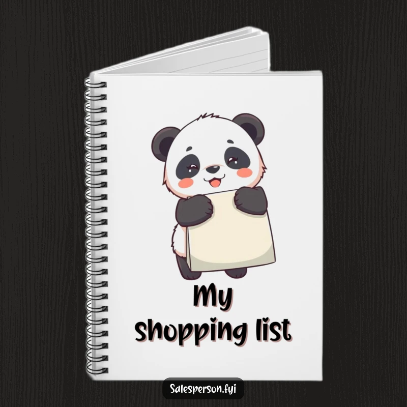 Funny Panda Notebook, featuring a happy panda with a shopping bag, ideal for notes and creative ideas.