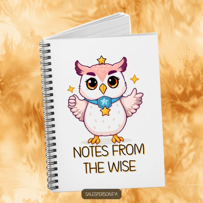 Funny notebook with a proud owl wearing a badge, pointing to a golden star, perfect for jotting down inspired ideas.