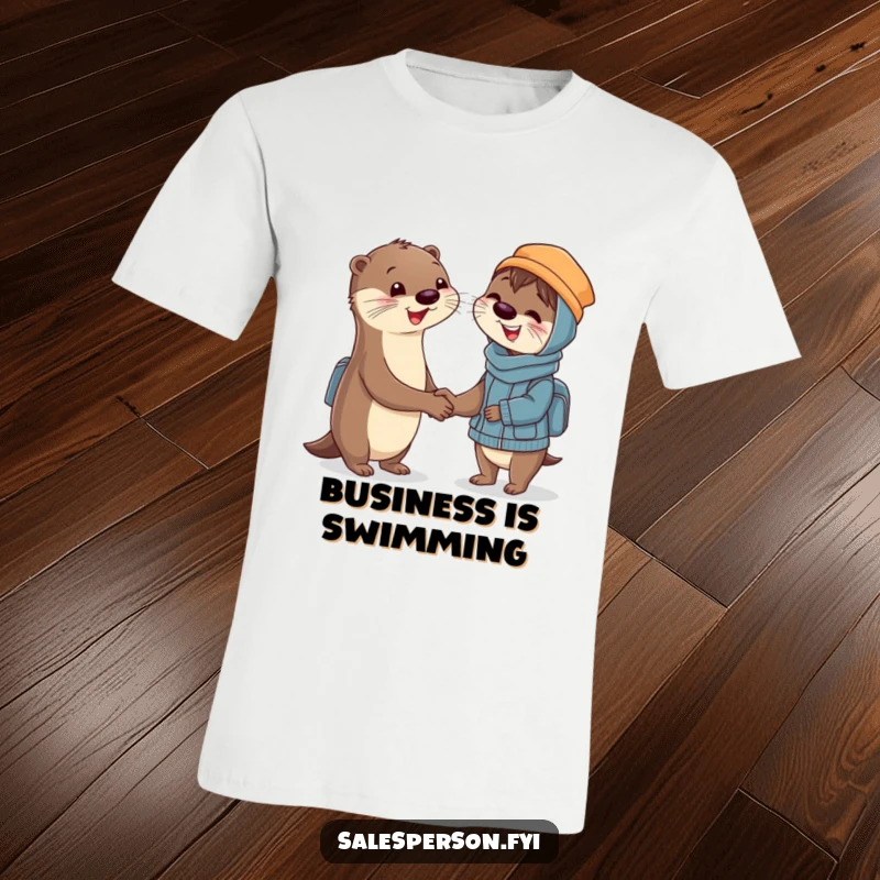 Funny T-Shirt of a smiling otter enthusiastically shaking hands with a delighted customer, embodying satisfaction and excellent business.