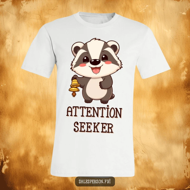 Funny t-shirt with a cheerful badger ringing a bell, sporting a big grin, designed to capture attention humorously.