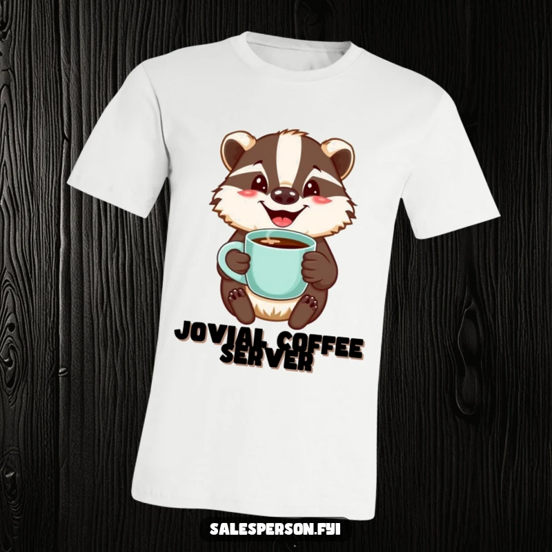 Funny t-shirt showcasing a jovial badger with a warm smile, offering a steaming cup of coffee, radiating friendliness.