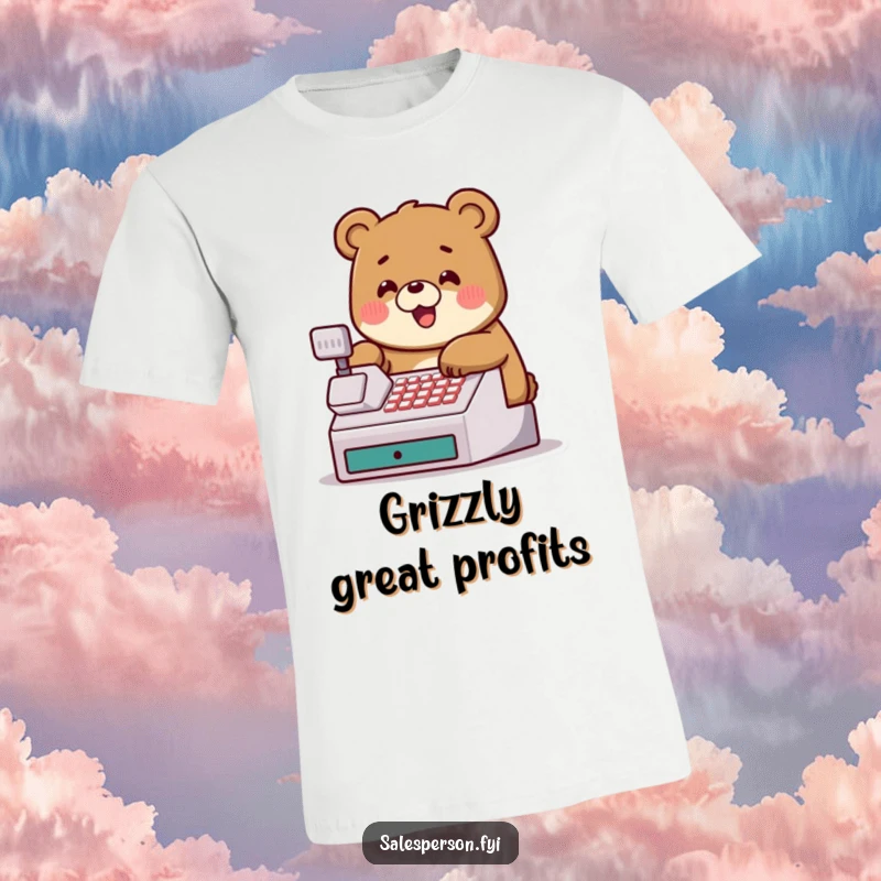 Funny t-shirt showing a jovial bear character tapping a cash register, celebrating financial success and humor.