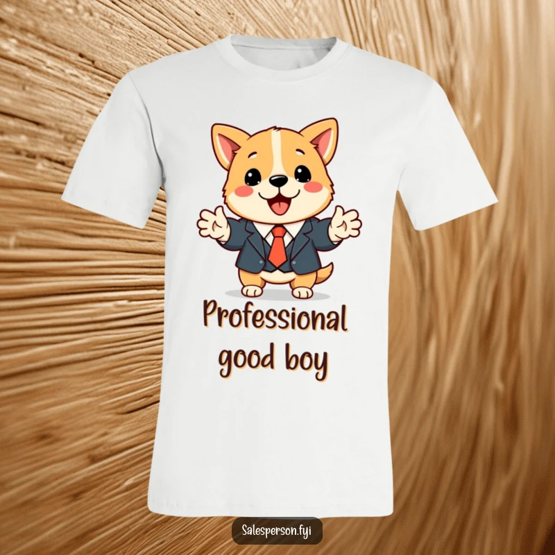 Funny dog t-shirt showing a cute dog in a suit shaking hands, perfect for business meetings and casual wear.