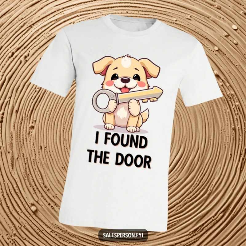 Funny Dog T-Shirt: A beaming dog proudly holds a shiny house key, radiating happiness and excitement for a new home.