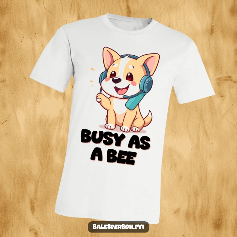 Funny t-shirt with a dog wearing a headset and enthusiastically talking on a phone, perfect for pet lovers and chatty individuals, a funny gift.