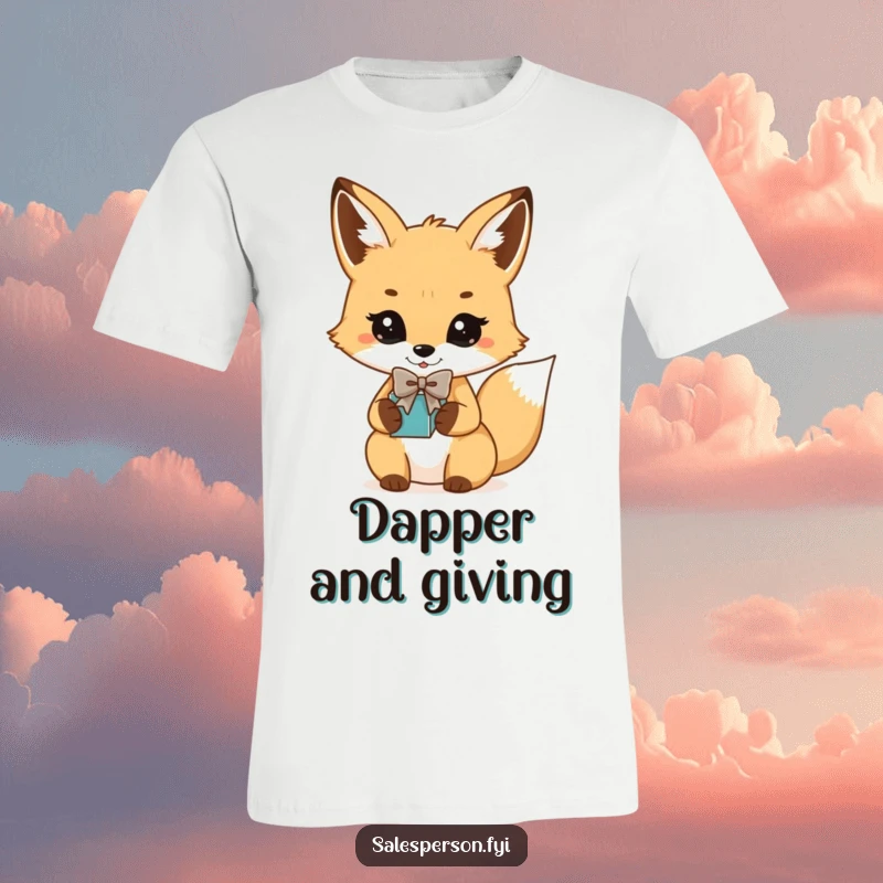 Funny Fox Bowtie Gift T-Shirt: Playful fox in a bowtie presenting a gift, great for gifting.