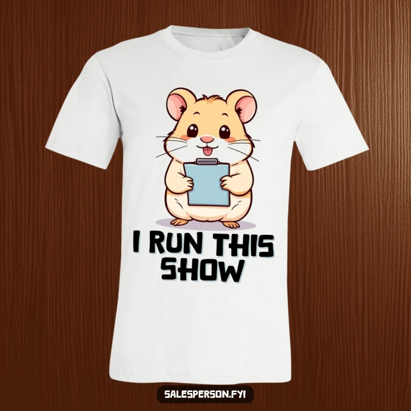 Funny hamster wearing a tiny tie, holding a clipboard and pen, looking meticulously organized on a t-shirt.