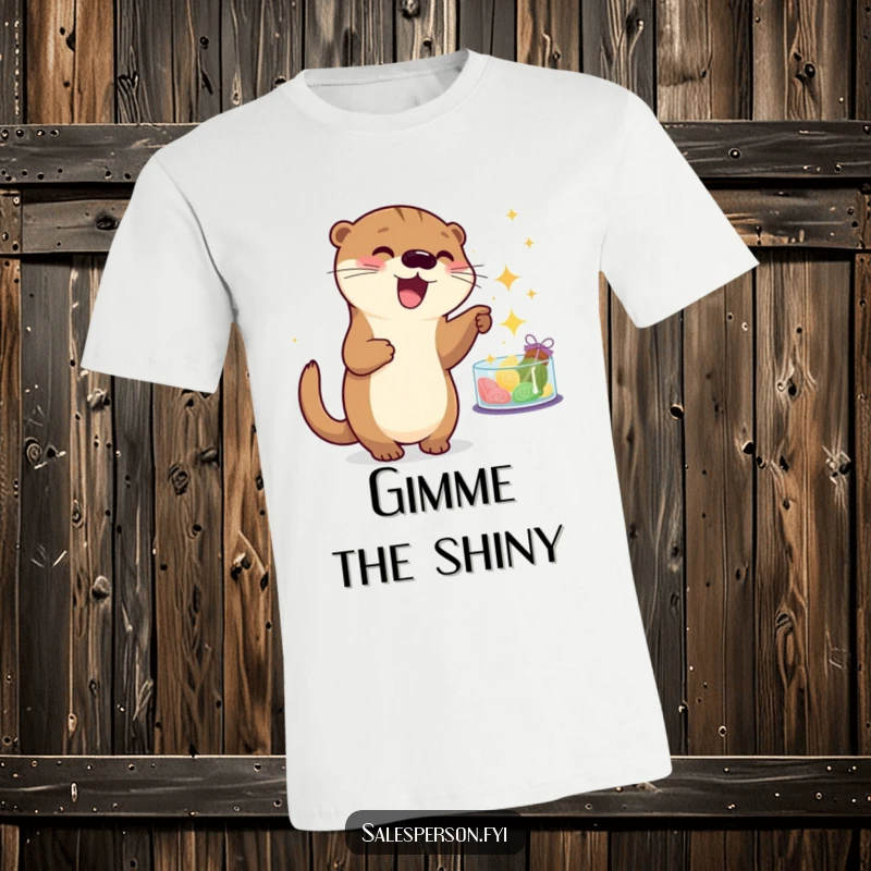 Funny otter t-shirt showing a playful animal pointing excitedly at sparkling merchandise, capturing shopping delight. Humorous.