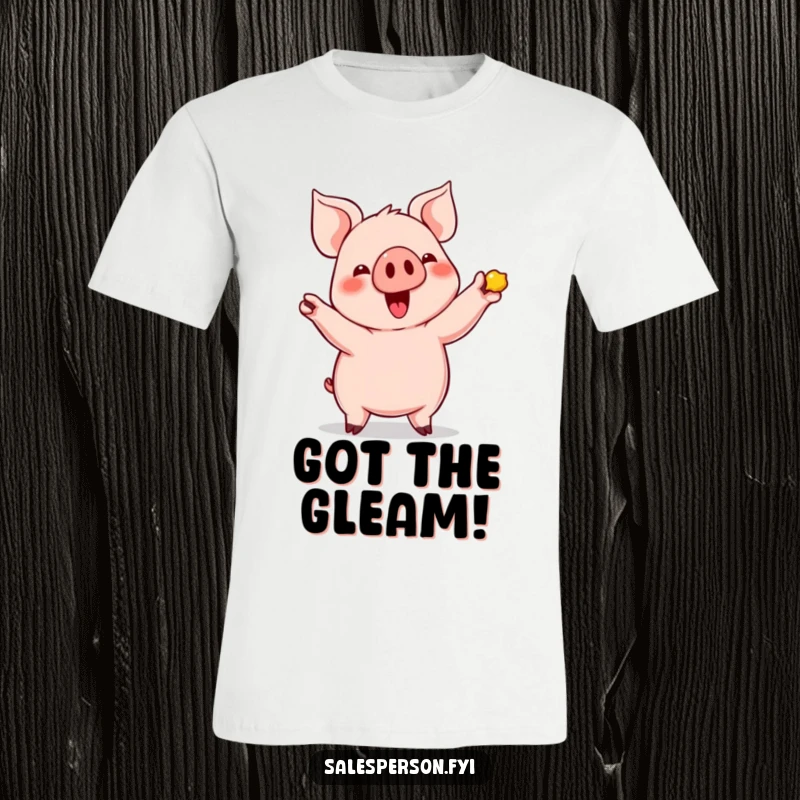 Funny Pig Shows Off T-Shirt: Cute pig enthusiastically showing off a shiny item, great for gifting.