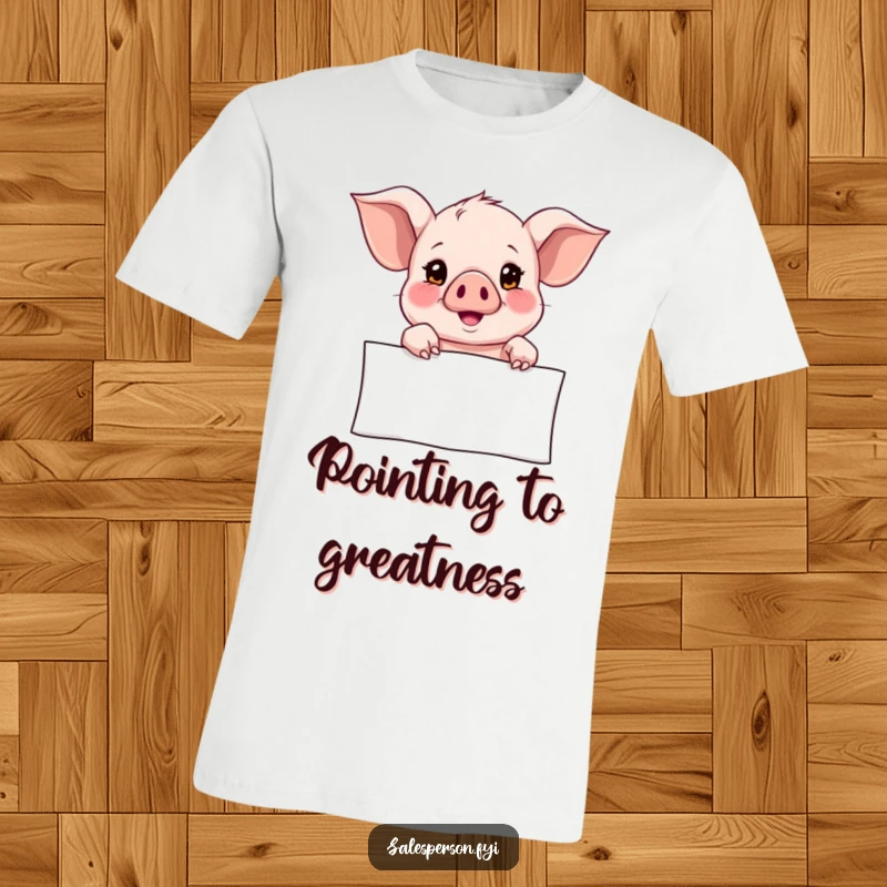 Funny T-Shirt showing a curious piglet pointing towards a banner with a hopeful gaze, representing aspirations and future plans.