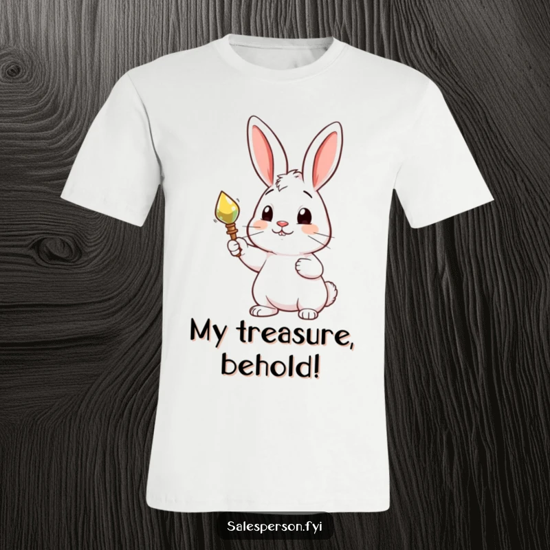 Funny t-shirt with a curious rabbit proudly presenting a shiny, desirable object, embodying a sense of accomplishment and wonder.