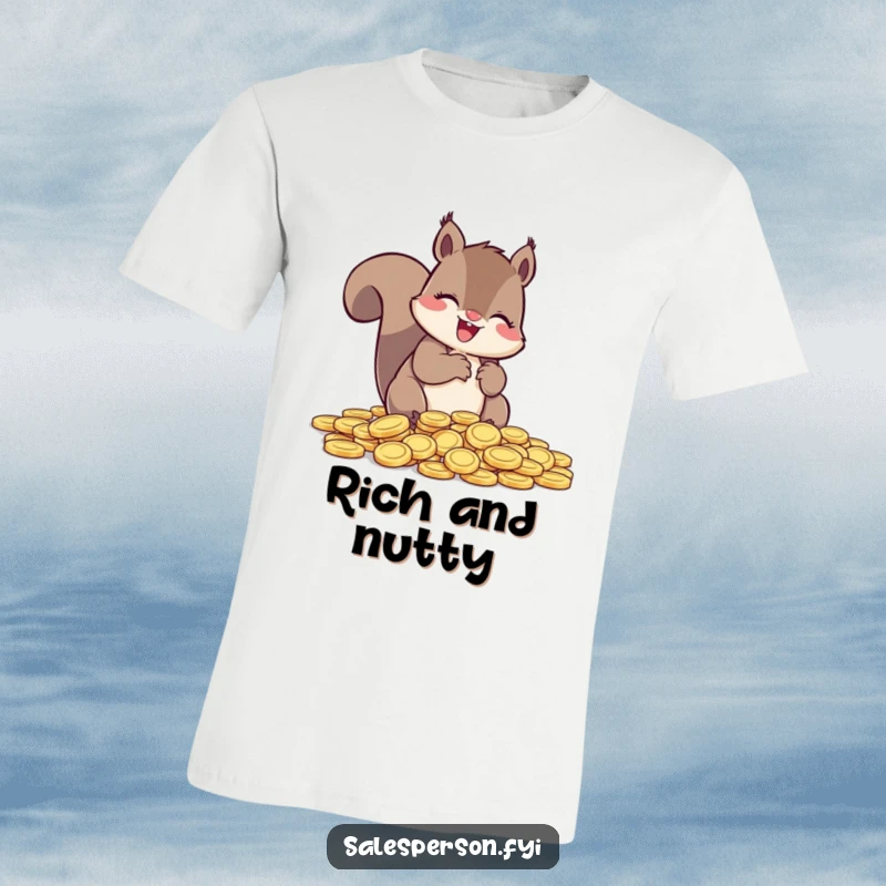 Funny Squirrel T-Shirt, joyfully counting a large pile of shiny coins, a humorous statement for earners.