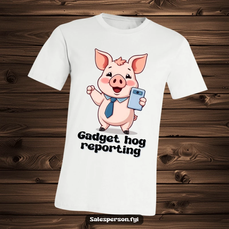 Funny T-shirt depicts a happy pig in a tie, excitedly presenting a shiny, new gadget to the viewer.