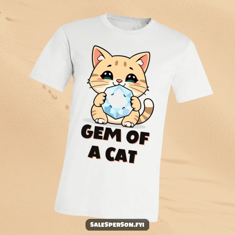 Funny cat t-shirt showing a cheerful cat with a giant sparkly gem, exuding confidence and joy.
