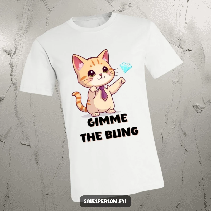 Funny t-shirt with a cat in a tie gesturing towards a sparkling diamond, elegant and humorous, perfect for gift-givers, a funny gift.