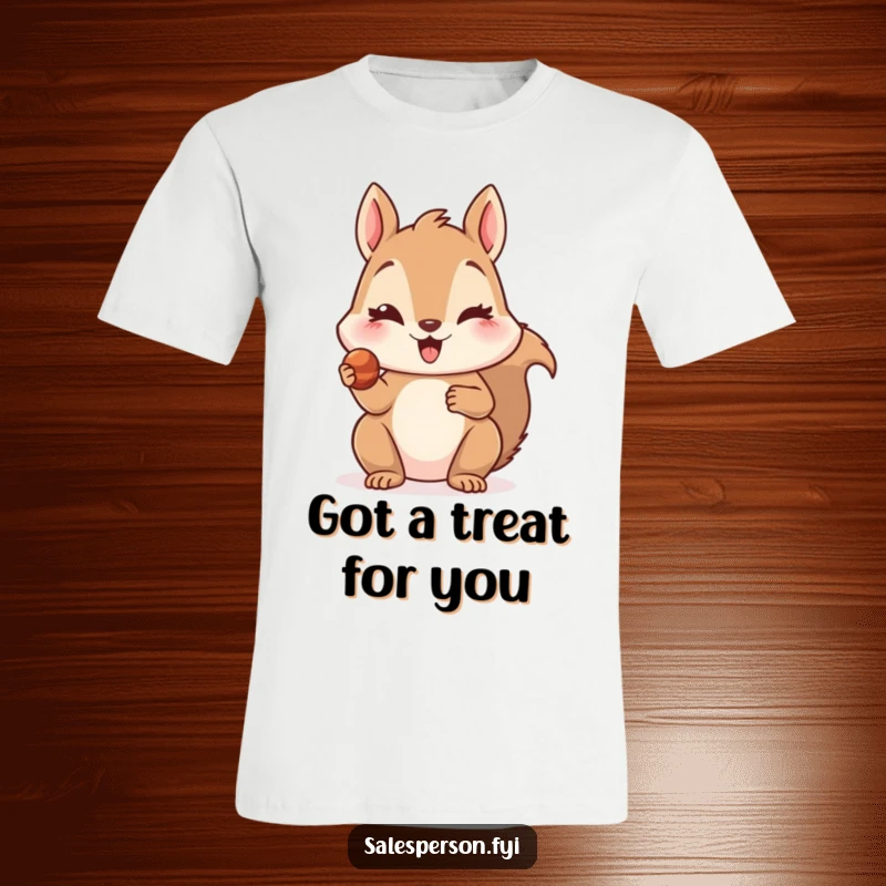 Funny t-shirt with a delighted squirrel offering a tiny, tempting treat with a wink, exuding playful charm and generosity.
