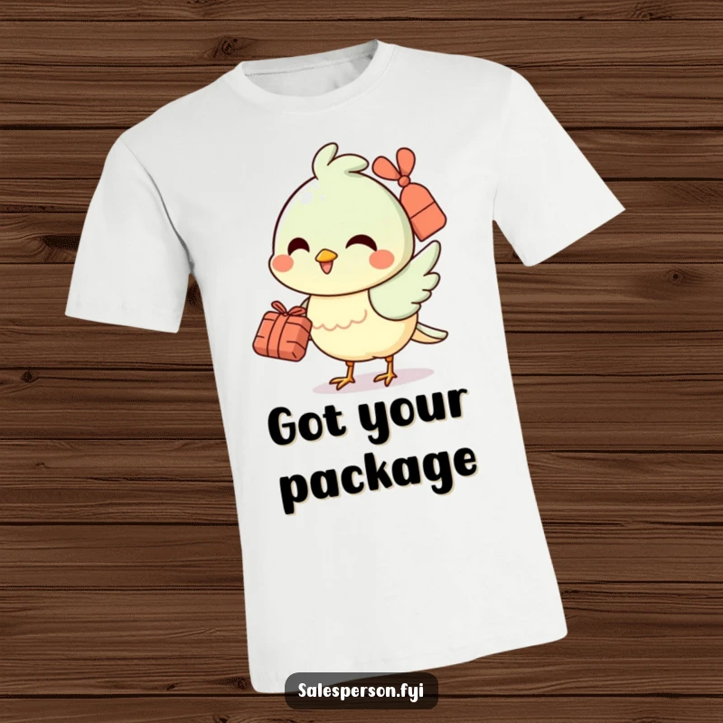 Funny t-shirt featuring a cheerful bird character smiling and holding a small bundle, representing happiness and messages.