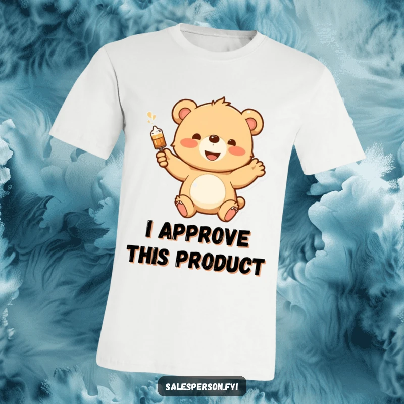 Funny t-shirt featuring a happy bear cub enthusiastically demonstrating something with a flourish, radiating playful energy and charisma.