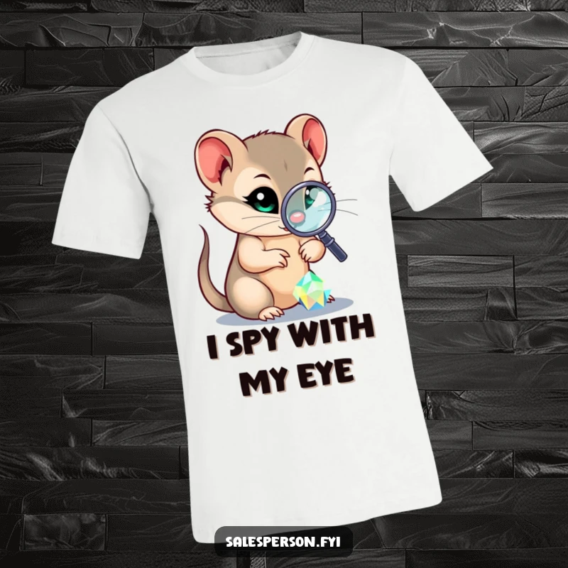 Funny t-shirt depicting a sly weasel using a magnifying glass to closely inspect a dazzling, multifaceted sparkling gem.