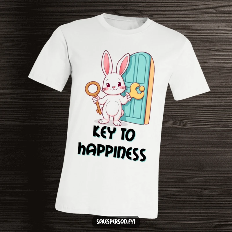 Funny t-shirt with a rabbit holding an oversized key and gesturing towards a door, suggesting exploration and fun, a funny gift.