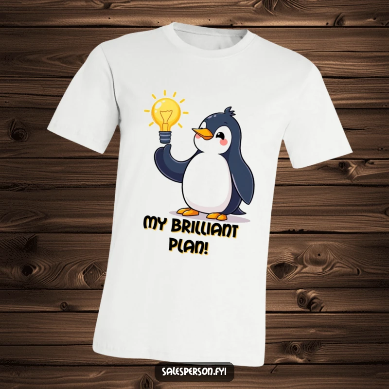 Funny penguin T-shirt of a happy bird making sweeping arm movements while pitching an idea, full of energy.