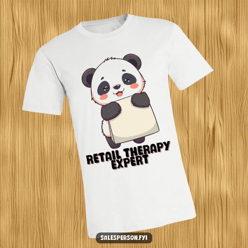 Funny Panda T-Shirt, holding a massive shopping bag, beaming with excitement, a humorous gift for shoppers.