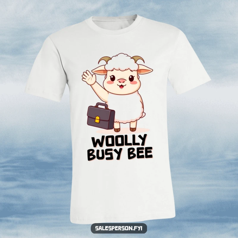 Funny T-shirt depicts a happy sheep in a suit, briefcase in hand, waving hello with great business enthusiasm.