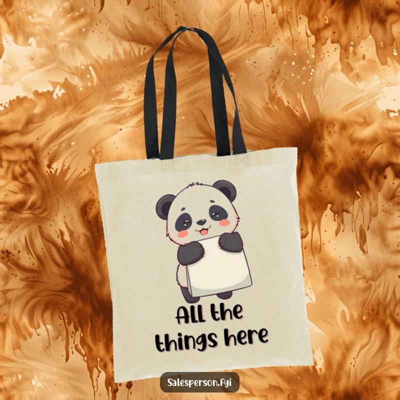 Funny Panda Tote Bag, ecstatically holding a giant shopping bag, perfect for carrying groceries or gifts.