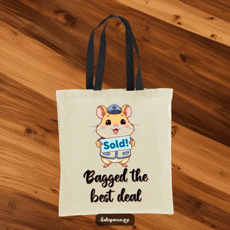Funny tote bag with an energetic hamster in uniform proudly displaying a 'Sold!' sign, perfect for carrying essentials.